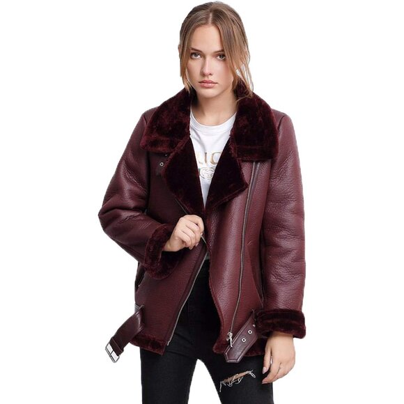 Women Wine Red Faux Shearling Moto Jacket Thick Lined Winter Leather Coat - Picture 3 of 6